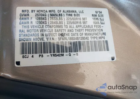 2004 Honda Odyssey Ex from USA, damaged, VIN 5FNRL188X4B128042